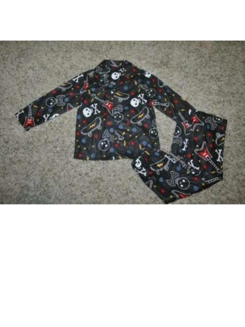 Skull Guitar Pajamas Boys 4 Black Flannel Button Shirt & Pants Jumping Beans